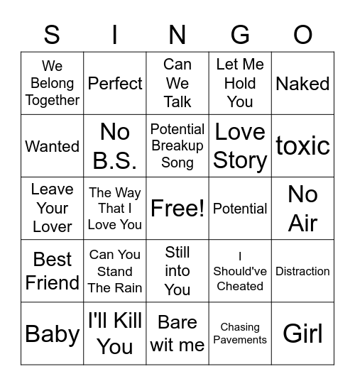 What's Love Got to do With It Bingo Card