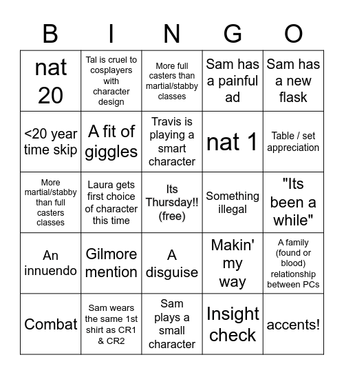 Critical Role Campaign 3; Episode 1 Bingo Card