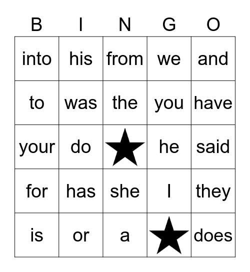 Trick Word Bingo Card