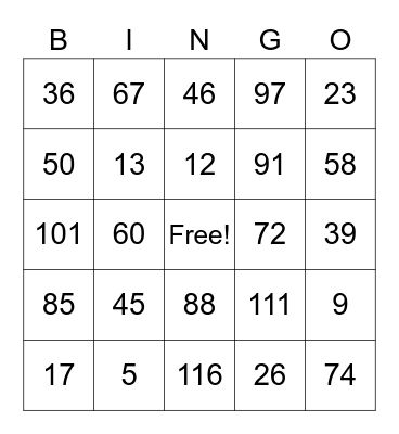 Number Bingo Card