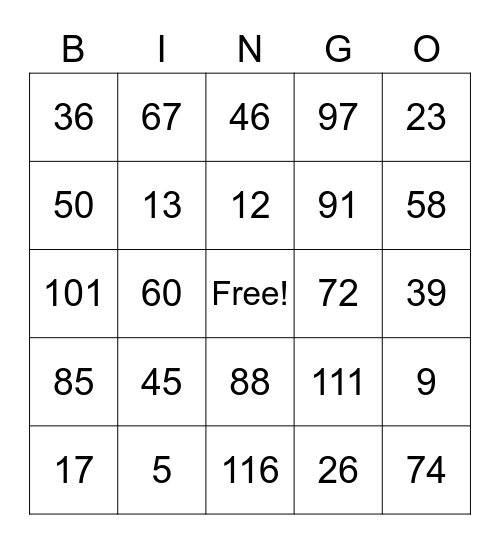 Number Bingo Card