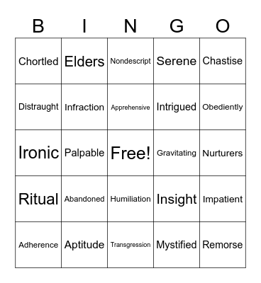 Giver Vocabulary Bingo Card