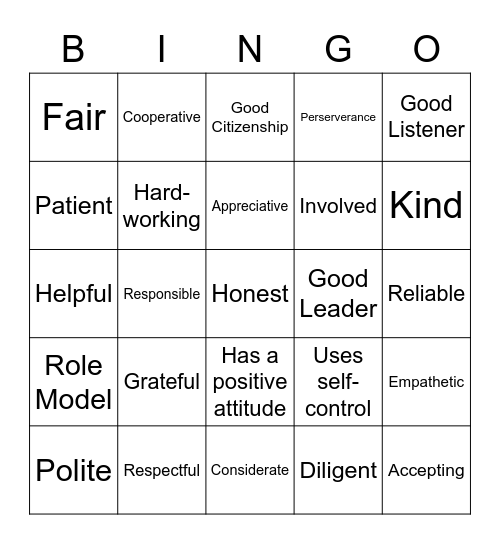 Traits of a Good Citizen Bingo Card