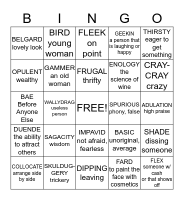 English Language Bingo Card