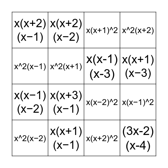 Factoring Bingo Card