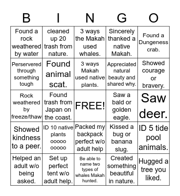 5th Grade Olympic Peninsula Trip Bingo Card