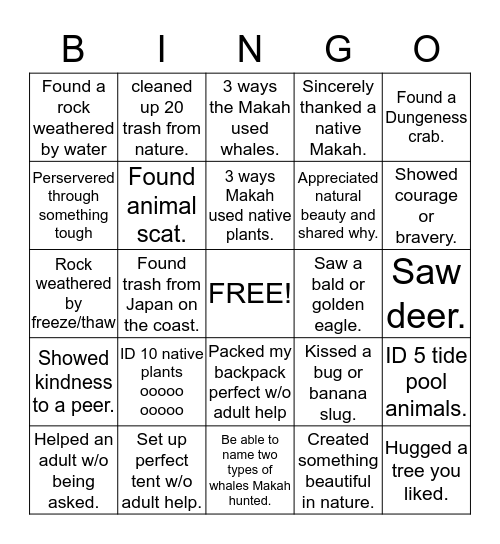 5th Grade Olympic Peninsula Trip Bingo Card