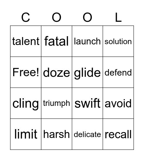SUPER COOL VOCABULARY Bingo Card