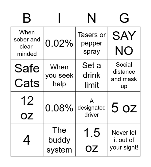 Party Safety Bingo Card