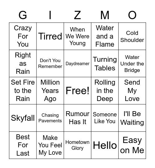 Gizmo Music Bingo - Adele Bingo Card