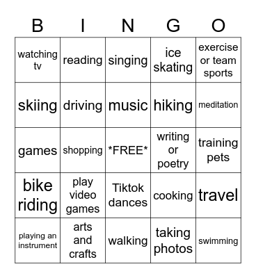 What do you do in your free time? Bingo Card