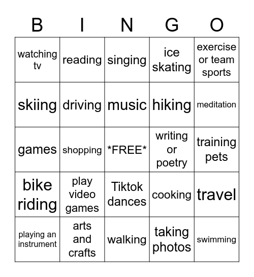 What do you do in your free time? Bingo Card