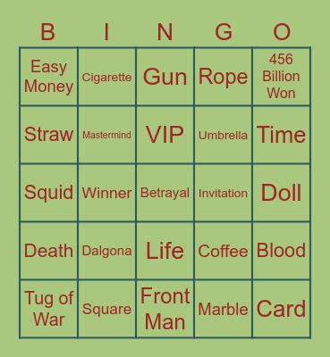 #FASquidGamesAndChill2021 Bingo Card