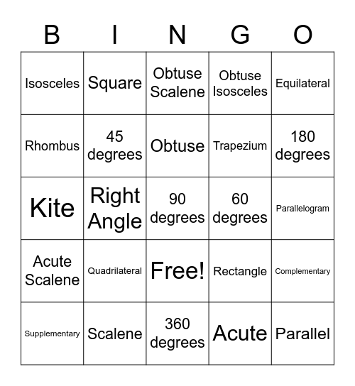 Triangles and Quadrilaterals Terminology Bingo Card