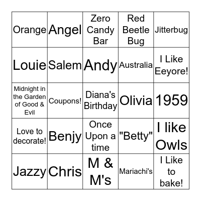 Diana's Birthday Bingo Card