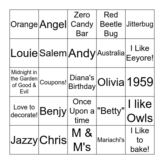 Diana's Birthday Bingo Card