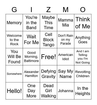 Gizmo Music Bingo - Musicals Bingo Card