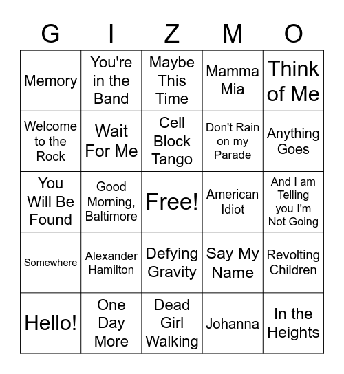 Gizmo Music Bingo - Musicals Bingo Card