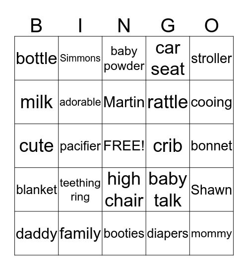 Baby Simmons Bingo Card
