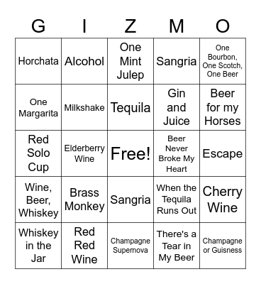 Songs about Drinks Bingo Card