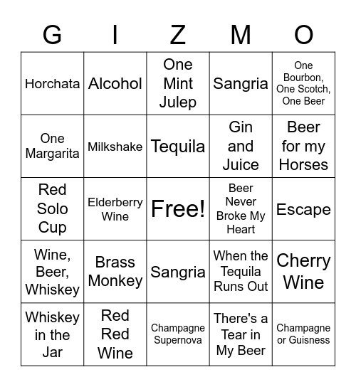 Songs about Drinks Bingo Card