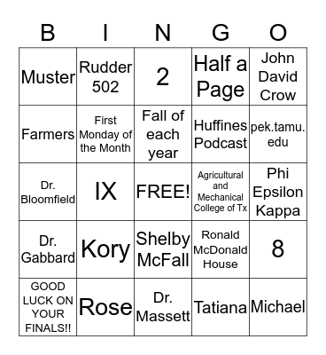 Texas A&M BINGO Card