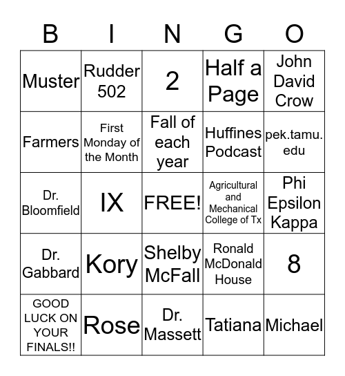 Texas A&M BINGO Card