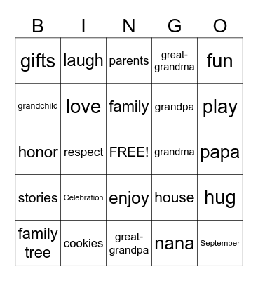 Grandparents Day Bingo Card