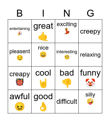 Adjectives Bingo Card