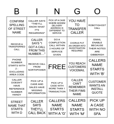 Call Center Bingo Card