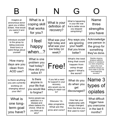 Recovery Bingo Card