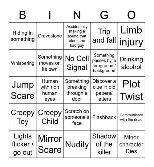 Horror Movie Cliche Bingo Card