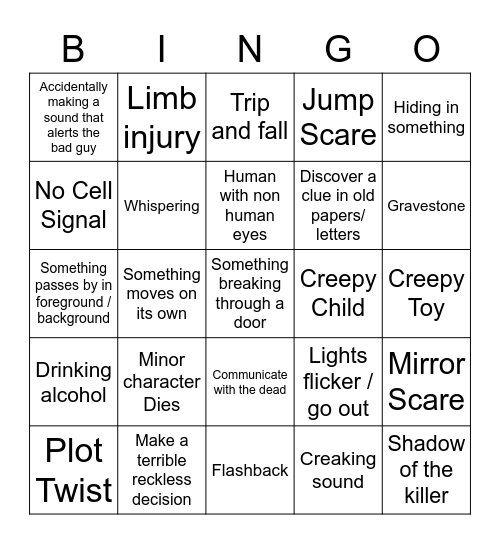 Horror Movie Cliche Bingo Card