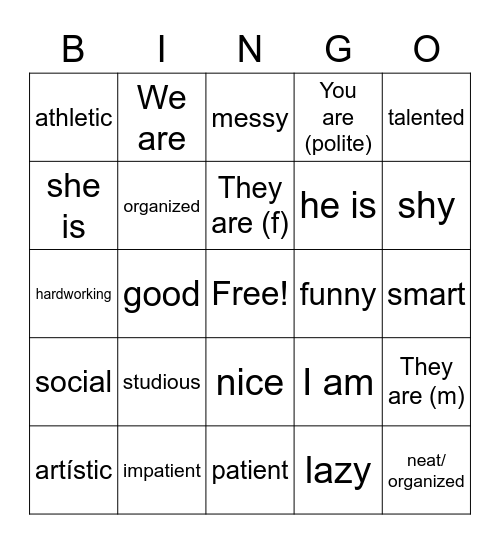 adjetivos and el verbo ser Bingo Card