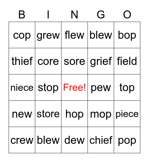 Vowel Patterns (ie/ew) Bingo Card