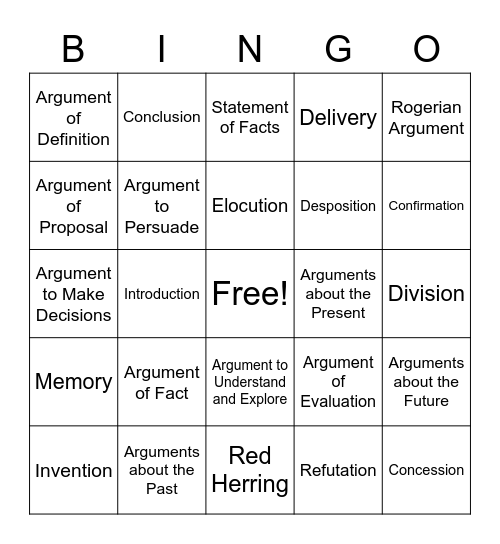 Arguments, Canons, and Oration Bingo Card