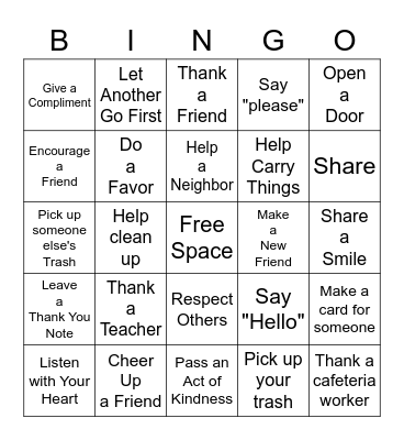 Random Acts of Kindness Bingo Card