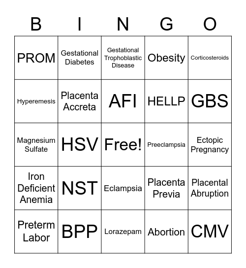 High Risk Antepartum Bingo Card