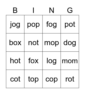 Short o Bingo Card