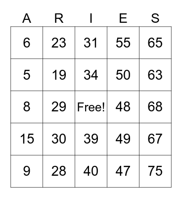 Numbers 1-75 Bingo Card
