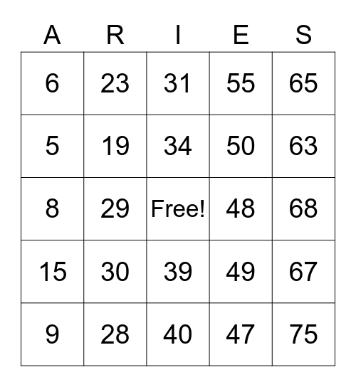 Numbers 1-75 Bingo Card