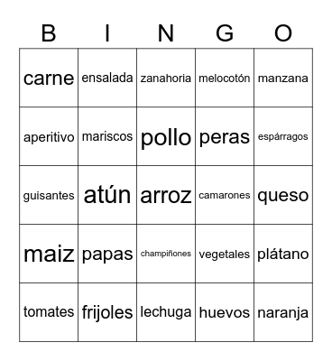 Spanish food items Bingo Card