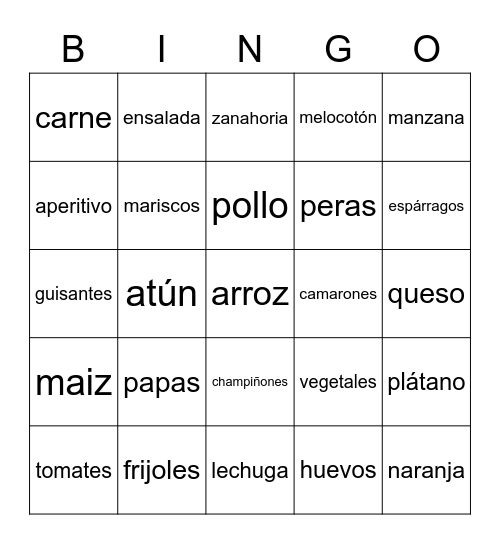 Spanish food items Bingo Card