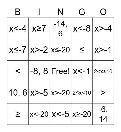 Inequalities Bingo Card