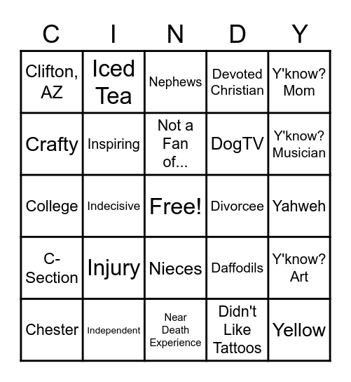 Cindy's BINGO! Bingo Card
