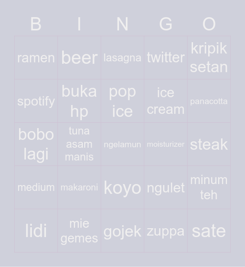 junk Bingo Card