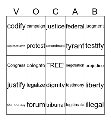 Vocabulary Unit 8 Bingo Card