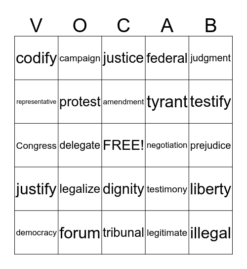 Vocabulary Unit 8 Bingo Card