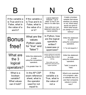 Python Control structures Bingo Card