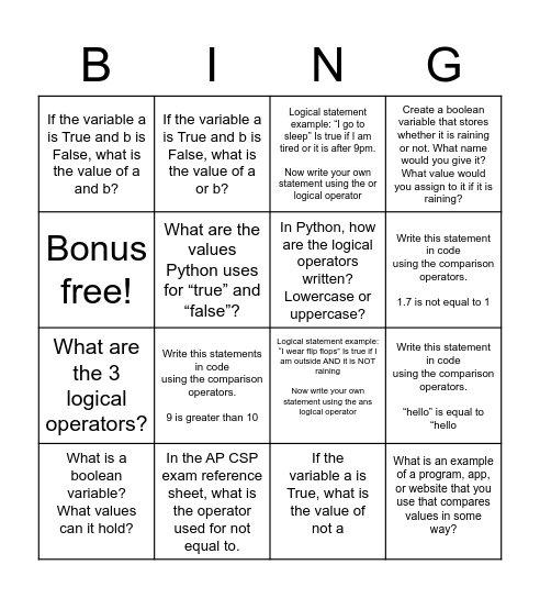 Python Control structures Bingo Card